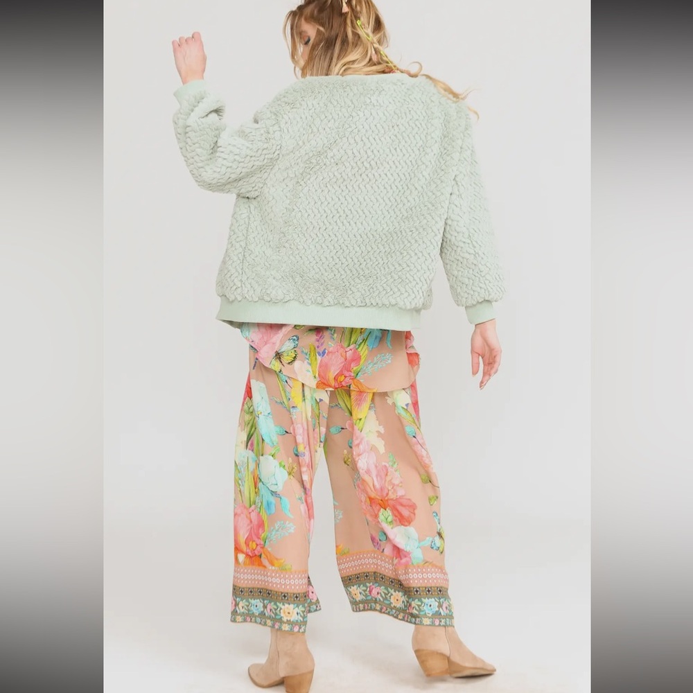 ARATTA Nellie Boho Luxe Mint Fur Jacket Satin Lined Crystal Buttons Boutique - Picture 6 of 16